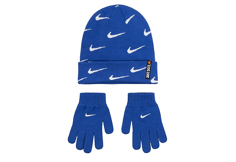 Nike Boys Swoosh All Over Print Roll Cutt Beanie Set - Blue 3 Nike Boys Swoosh All Over Print Roll Cutt Beanie Set - Blue